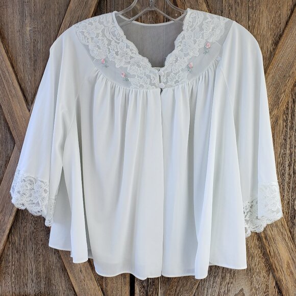 Vintage Shadowline Bed Jacket Size M White Lace Trim Embroidered Pink Flowers - Picture 1 of 8
